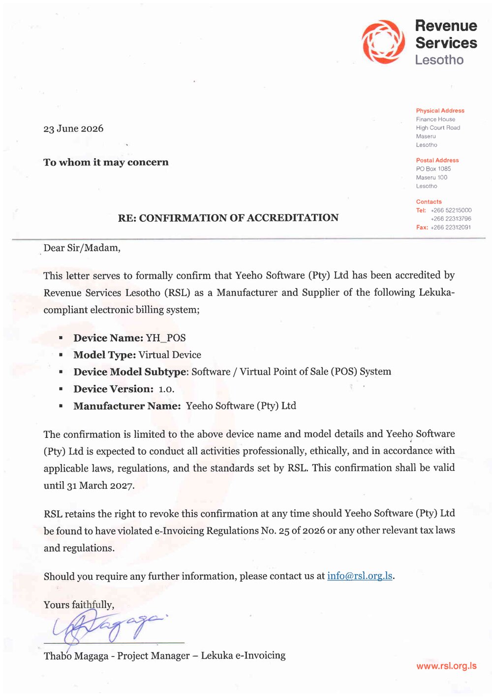 Revenue Services Lesotho confirmation of accreditation letter for YEEHO Software (Pty) Ltd.